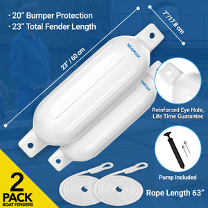 Pack of 2, Seamax Heavy Duty Ribbed Inflatable Boat Fender with 5ft Rope  6.5" x 23", Marine Guard PVC in White