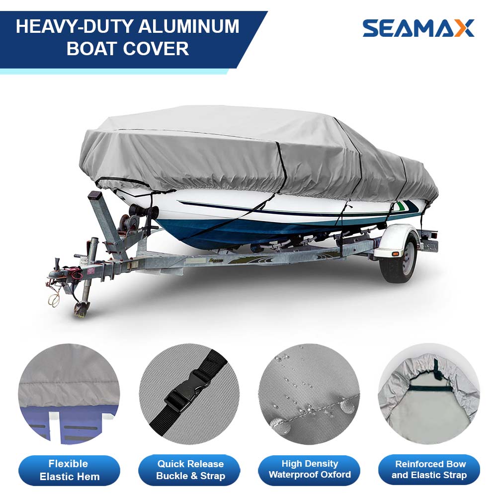 Seamax Marine Heavy Duty 600D Trailerable Boat Cover for V-Hull, Tri-Hull Runabouts & Aluminum Boat