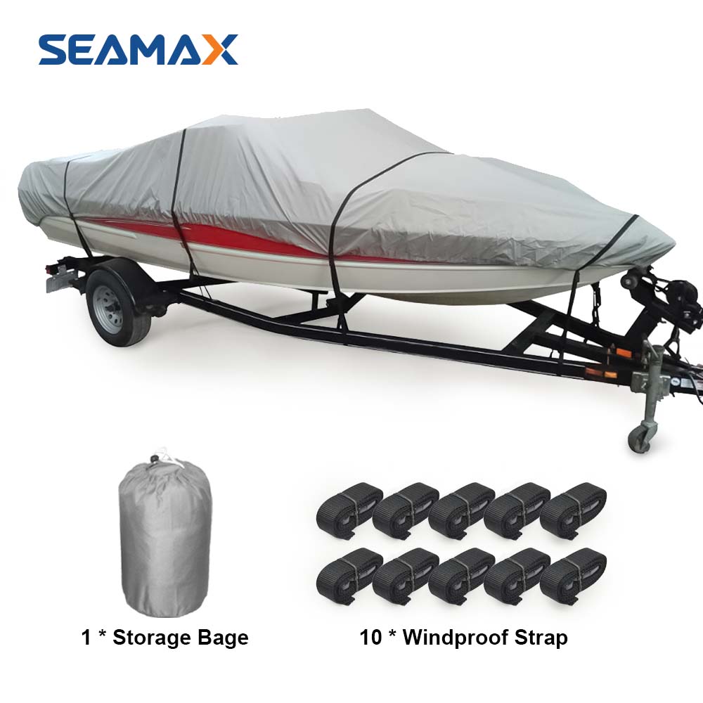 Seamax Marine Heavy Duty 600D Trailerable Boat Cover for V-Hull, Tri-Hull Runabouts &amp; Aluminum Boat