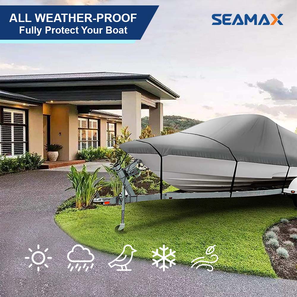 Seamax Marine Heavy Duty 600D Trailerable Boat Cover for V-Hull, Tri-Hull Runabouts &amp; Aluminum Boat