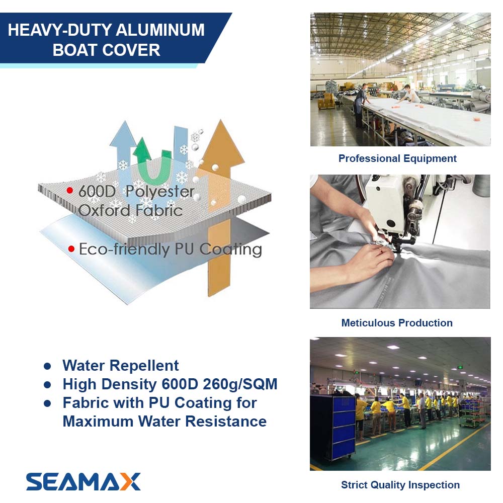 Seamax Marine Heavy Duty 600D Trailerable Boat Cover for V-Hull, Tri-Hull Runabouts &amp; Aluminum Boat