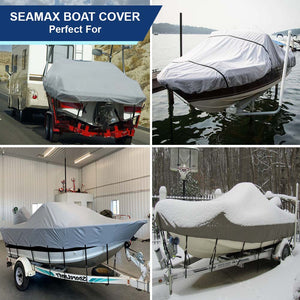 Seamax Marine Heavy Duty 600D Trailerable Boat Cover for V-Hull, Tri-Hull Runabouts & Aluminum Boat