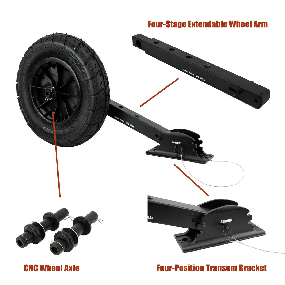 Deluxe Boat Launching Wheel System, Black Military Edition, 4 Positions and 4 Stages Removable and Adjustable Legs, 14&quot; Pneumatic Wheels. Suggest Support Water Craft Weight 600 Lbs - Seamax Marine