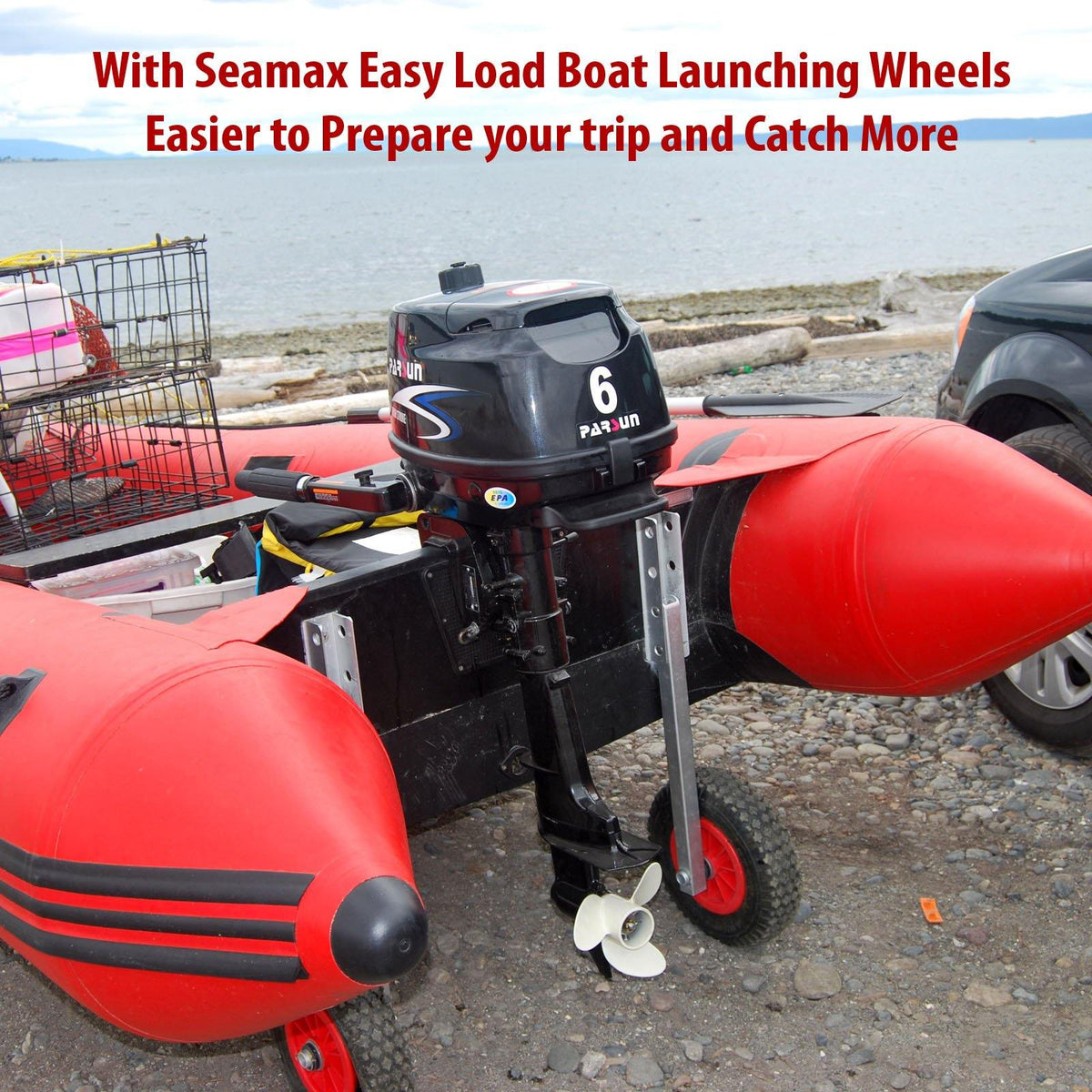 Easy-Load Boat Launching Wheels Set for Inflatable Boat and Aluminum Boat, 2 Height Positions, 12" Pneumatic Wheels - Seamax Marine