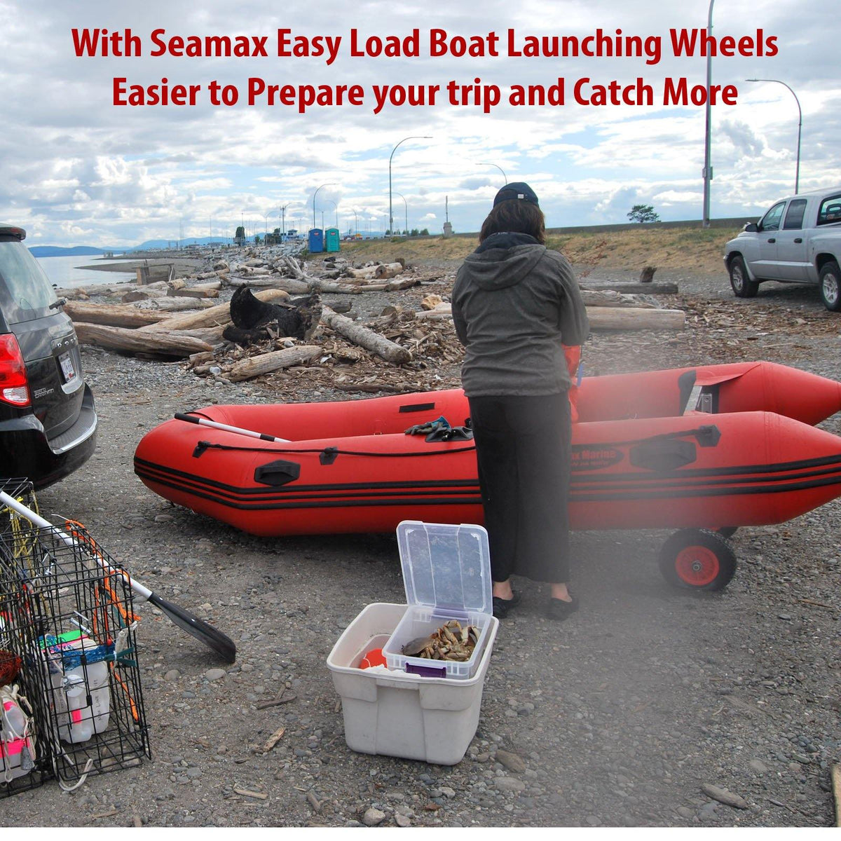 Easy-Load Boat Launching Wheels Set for Inflatable Boat and Aluminum Boat, 2 Height Positions, 12" Pneumatic Wheels - Seamax Marine
