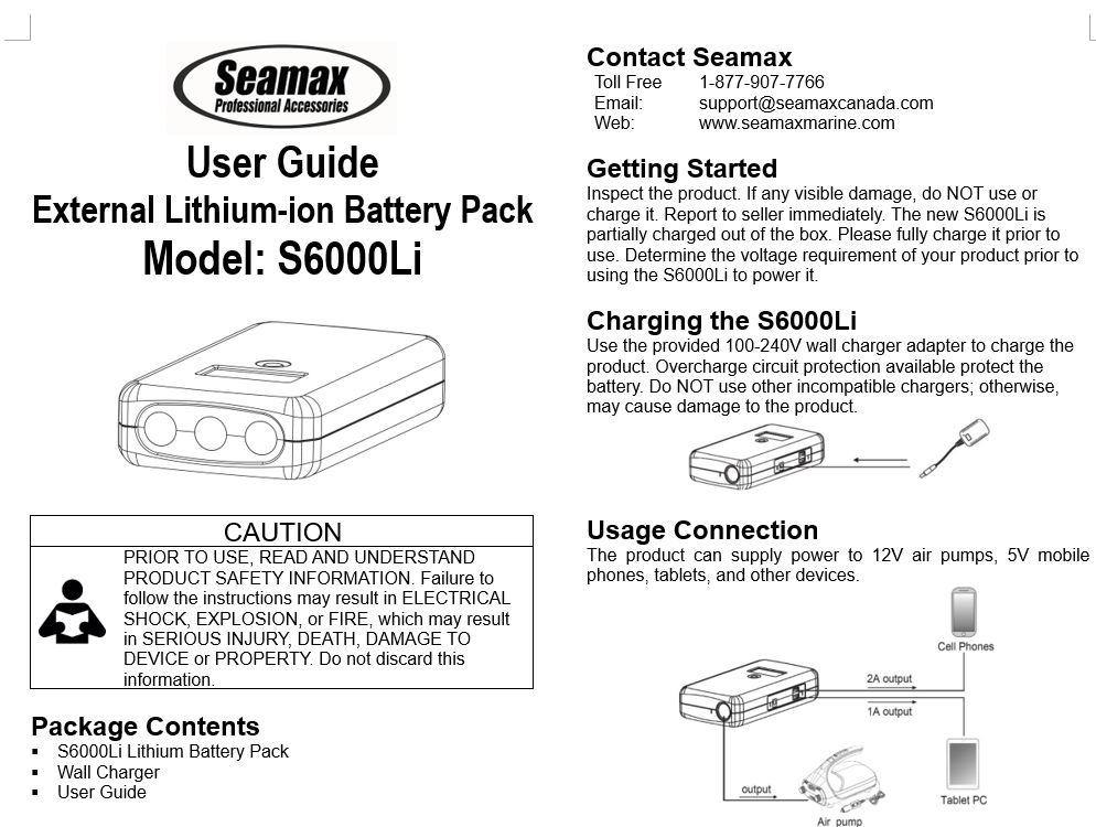 Portable Lithium 12V 6AH External Power Supply for SUP Pump Max Output 200W - Seamax Marine