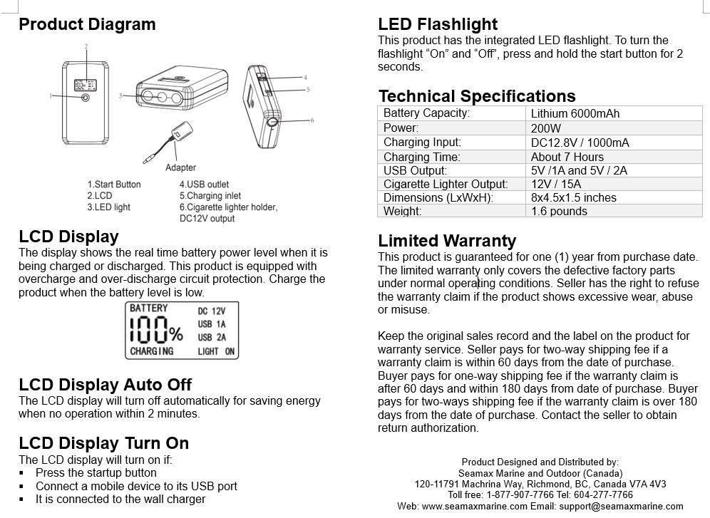 Portable Lithium 12V 6AH External Power Supply for SUP Pump Max Output 200W - Seamax Marine
