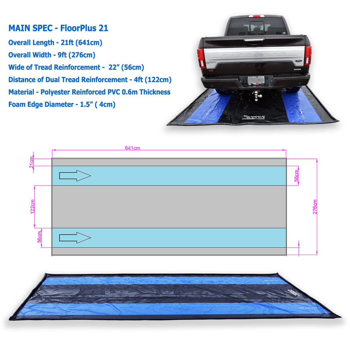 Seamax Floor Saver Plus21 Garage Containment Mat 9x21ft with Dual 22” Tread Reinforcement for Large Truck SUV Van