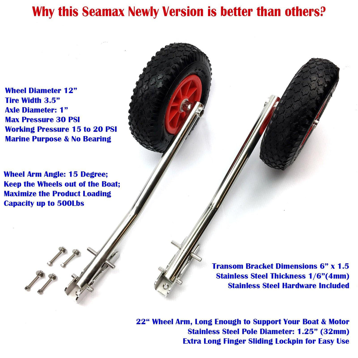 Stainless Steel Transom Launching Dolly, Easy Removable Legs, 12&quot; Pneumatic Wheels - Seamax Marine