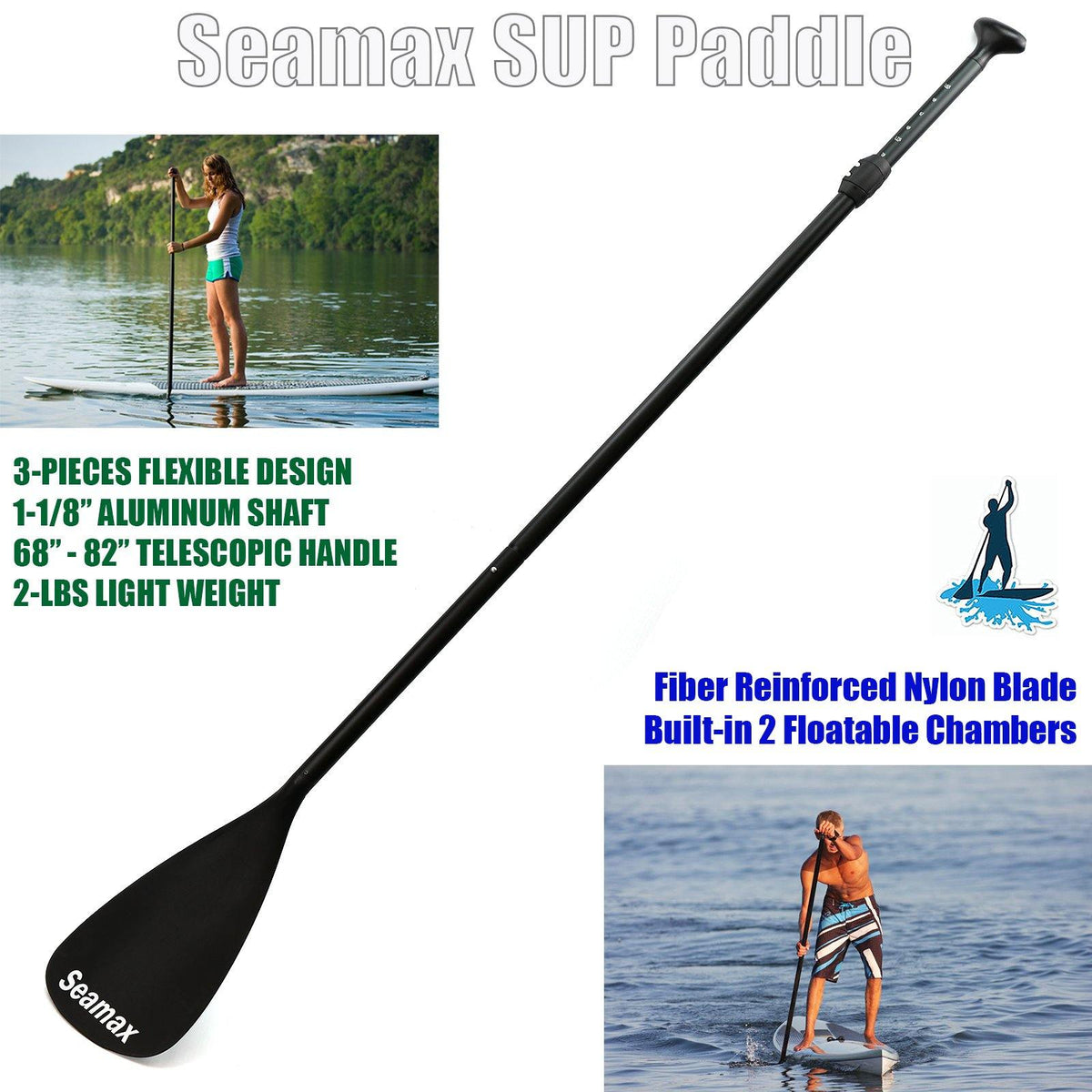 SUP Paddle with 3-Sections Adjustable Aluminum Shaft and Rigid Fiberglass Reinforced Nylon Blade - Seamax Marine