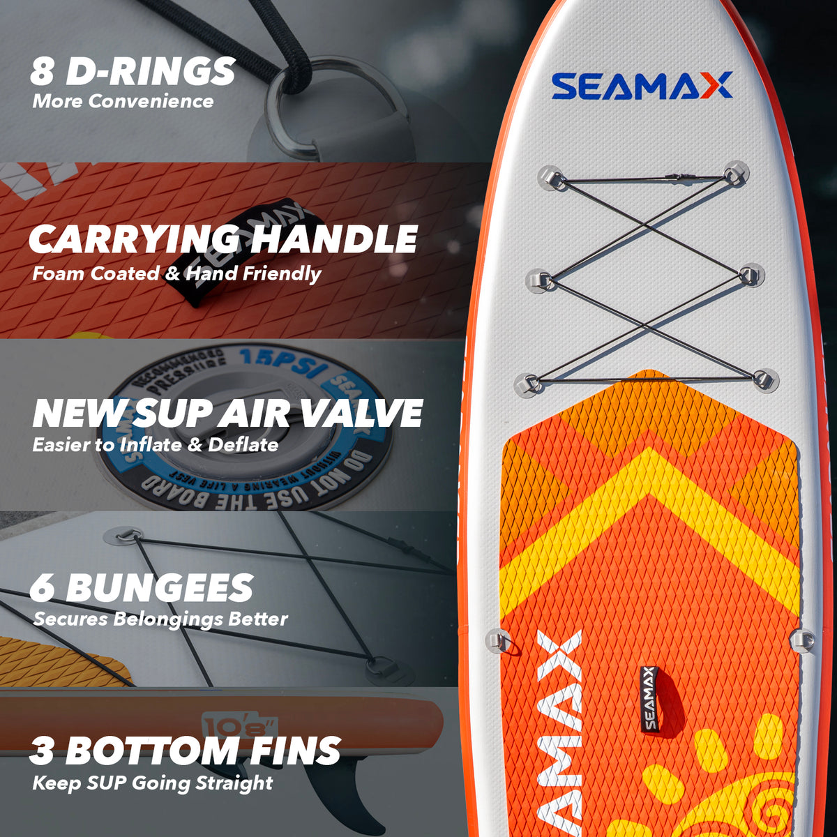 Seamax SeaDancer 108 Inflatable SUP Package, Dimensions L10&#39;8ft x W32&quot; x T6&quot;, 2 Color Available. Blue or Orange