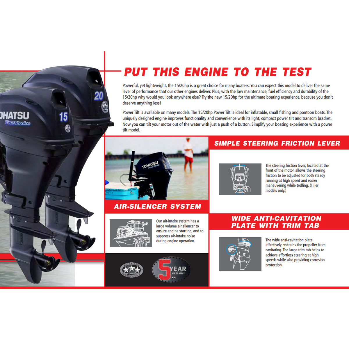 Tohatsu 4-Stroke 15HP Outboard Motor, Tiller Handle, EFI Version - Seamax Marine