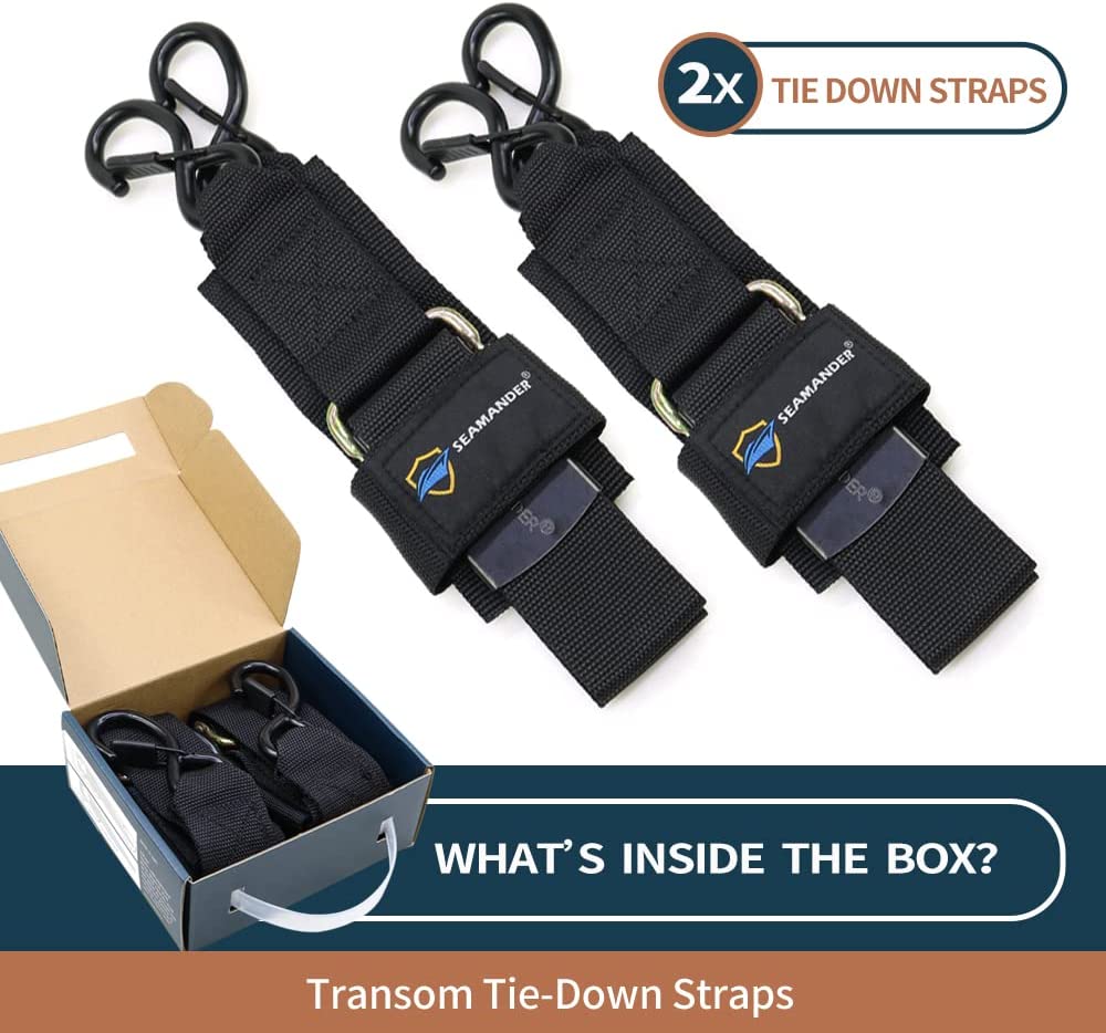 Seamander Transom Tie Down Straps for Boating Safety, Jetski &amp; PWC Trailer ,UV Treated 2&quot; x 48&quot; Marine Tie Down Straps S-Hooks with Safety Clips (2-Pack)