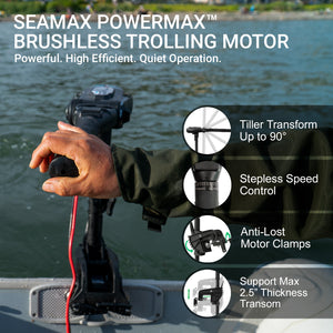 Seamax Marine PowerMax Brush-less Electric Trolling Motor, 2HP 12V or 3HP 24V with  35" or 40" Shaft, Step-less Speed Control Tiller Handle