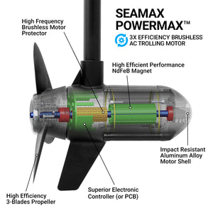 Seamax Marine PowerMax Brush-less Electric Trolling Motor, 2HP 12V or 3HP 24V with  35" or 40" Shaft, Step-less Speed Control Tiller Handle