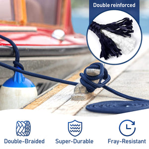 Seamax 2-Pack Dock Lines - 1/2" X 15ft Nylon Double Braid, 4800lb Strength, With Spliced Eye (Navy Blue)