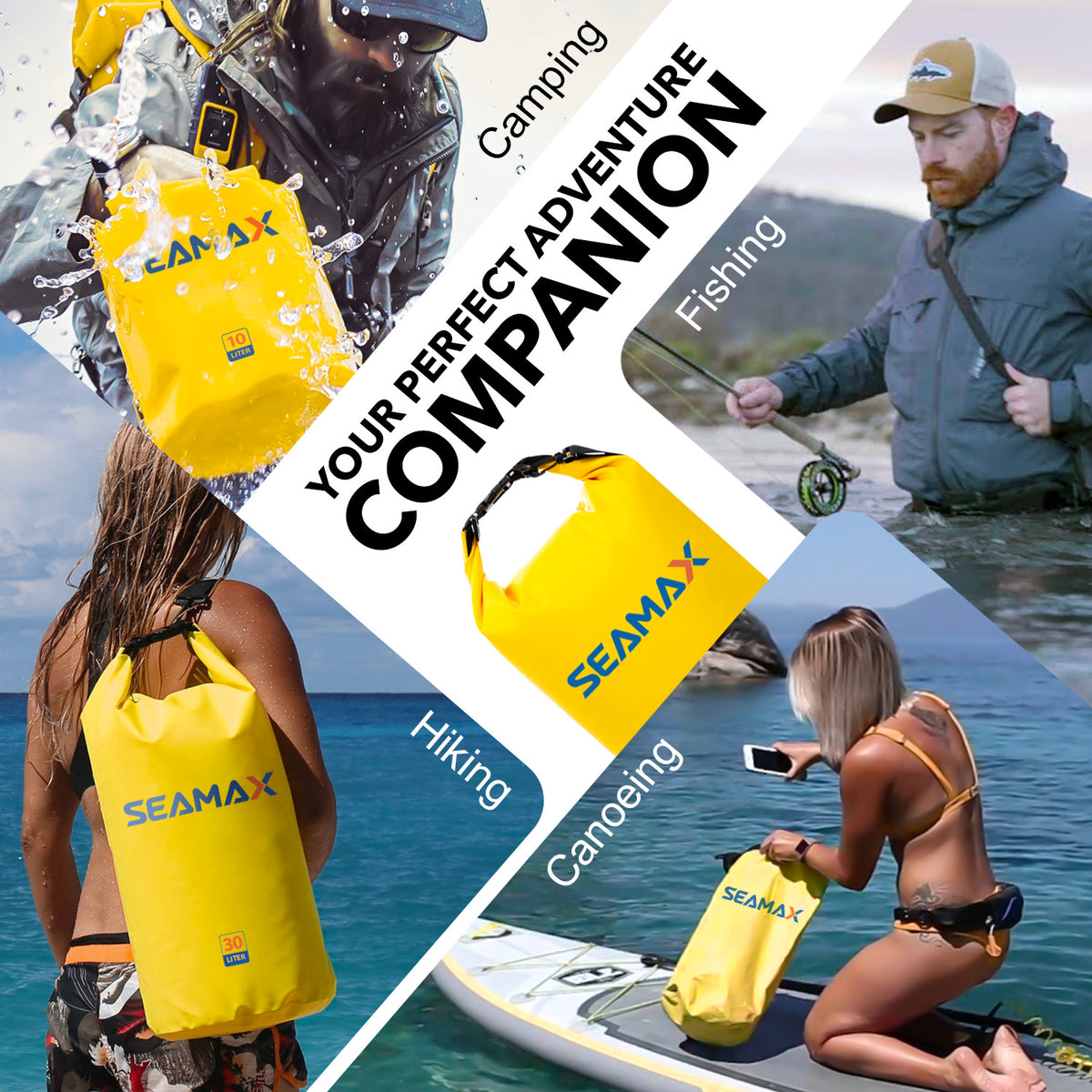 Seamax Waterproof Dry Carrying Bag, 10L 20L 30L for Boating, Kayaking, Swimming, All Water Sports, Includes IPX8 Waterproof Cellphone Case Pak ( 2 Colors Available)