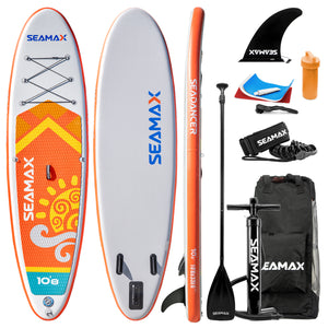 Seamax SeaDancer 108 Inflatable SUP Package, Dimensions L10'8ft x W32" x T6", 2 Color Available. Blue or Orange
